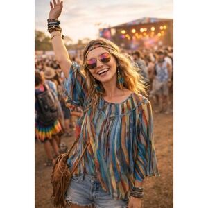 Suzanne Betro Weekend Boho Striped Print Top Size Small Tunic Boho Colorful
